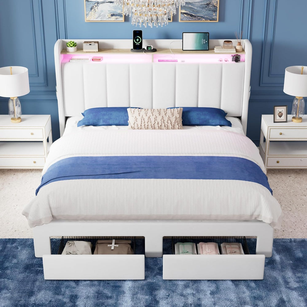 Allewie Full Size Bed Frame with 2-Tier Storage Headboard & 2 Large Drawers