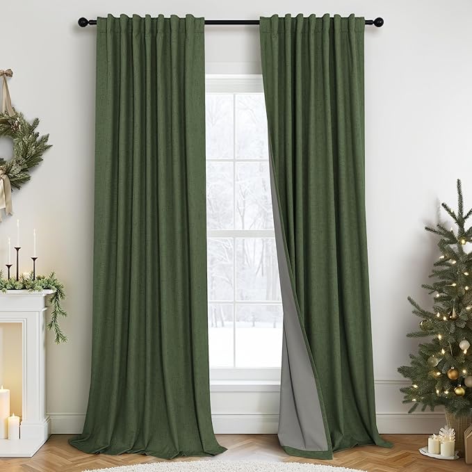 Olive Green Blackout Curtains 84 Inches Long 2 Panels Linen Boho Black Out Dark by Pitalk