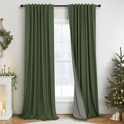 Olive Green Blackout Curtains 84 Inches Long 2 Panels Linen Boho Black Out Dark by Pitalk