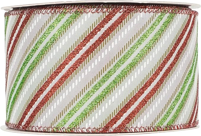 MEEDEE Red and Green Diagonal Striped Ribbon 2.5 Inch White Satin - Image 9