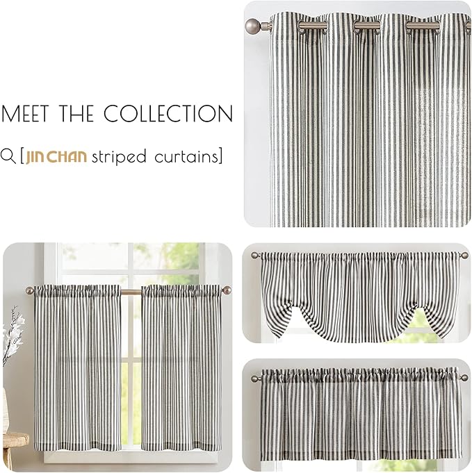 JINCHAN Tab Top Linen Kitchen Curtains 24 Inch Striped Tier Curtains Farmhouse - Image 5