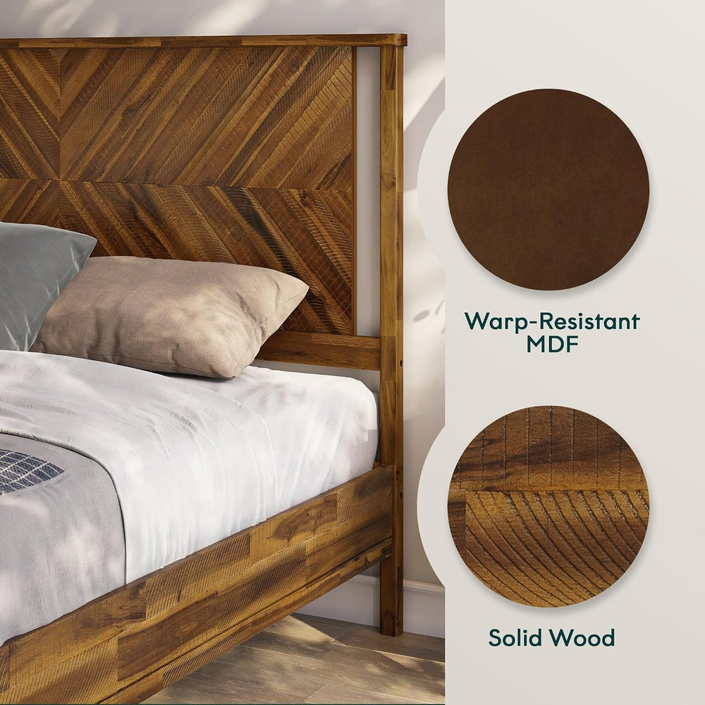 Bme Vivian 14 Inch Queen Size Bed Frame with Headboard, Rustic & Scandina...