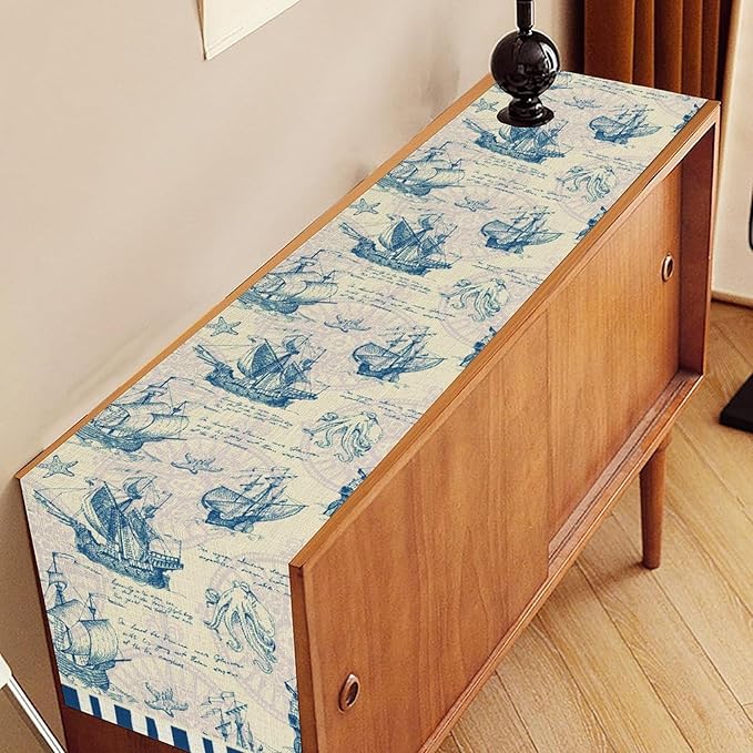 Nautical Table Runner, Retro Coastal Sailing Ship Compass Starfish Octopus - Image 3