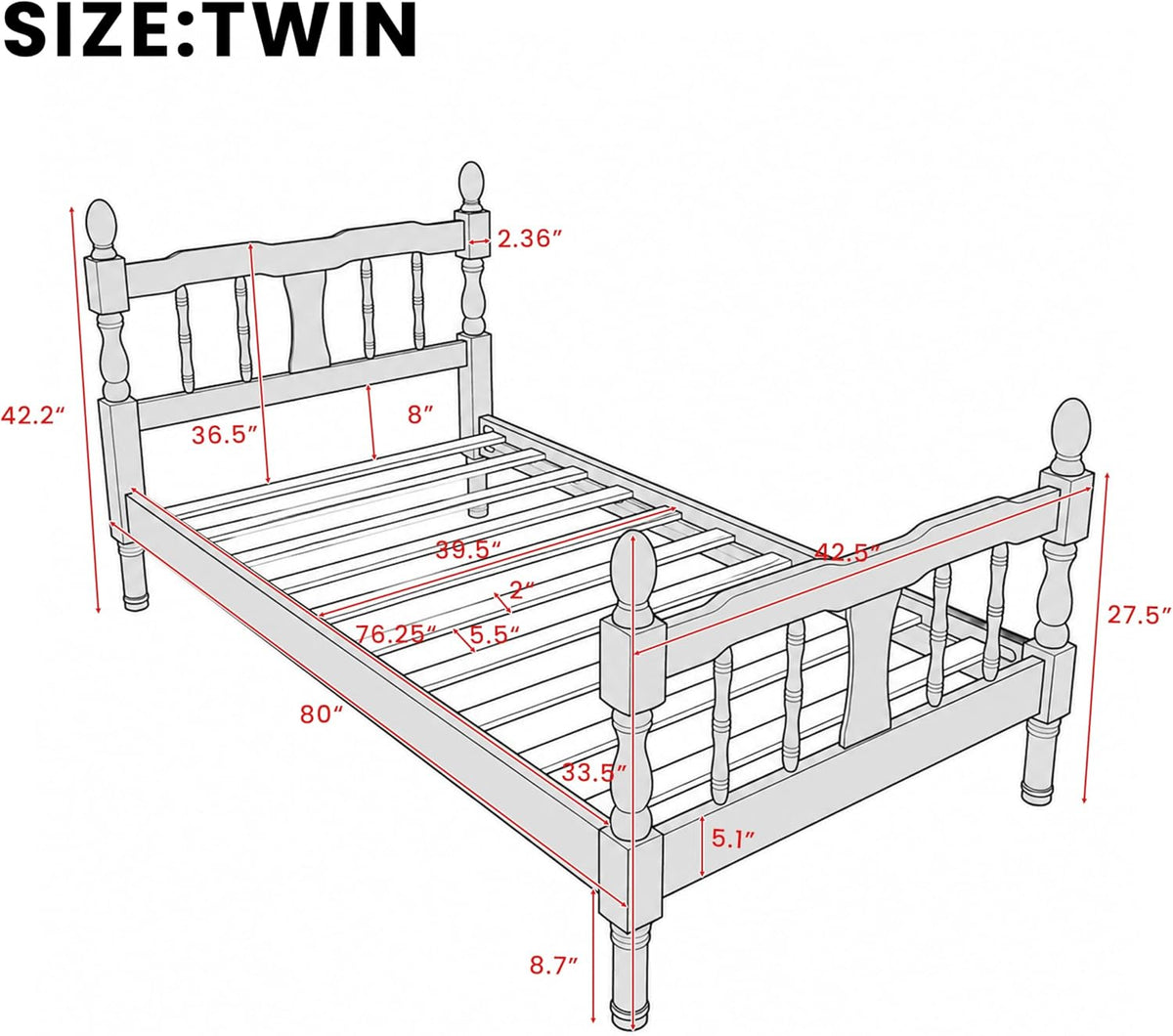 bellemave twin vintage wood spindle post bed,wooden platform shown in use