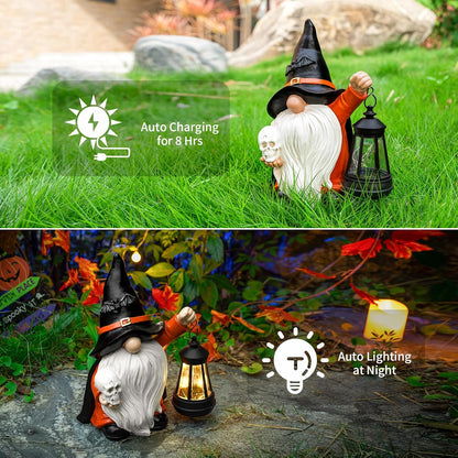 Halloween Gnome Decoration Garden Statues with Skull Solar Gnomes with LED Lantern Halloween Outdoor Porch Patio Yard Art Ornament Holiday Gardening Gifts for Mom Women