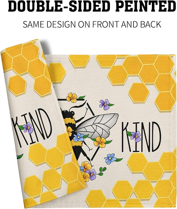 Giwawa Bee Kind Placemats Set of 4-12"x18" Summer Bees Floral Linen Place Mat- - Image 5