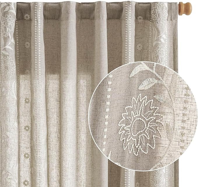 jinchan Winslow Linen Curtains for Bedroom 63 Inches Length Embroidered - Image 8