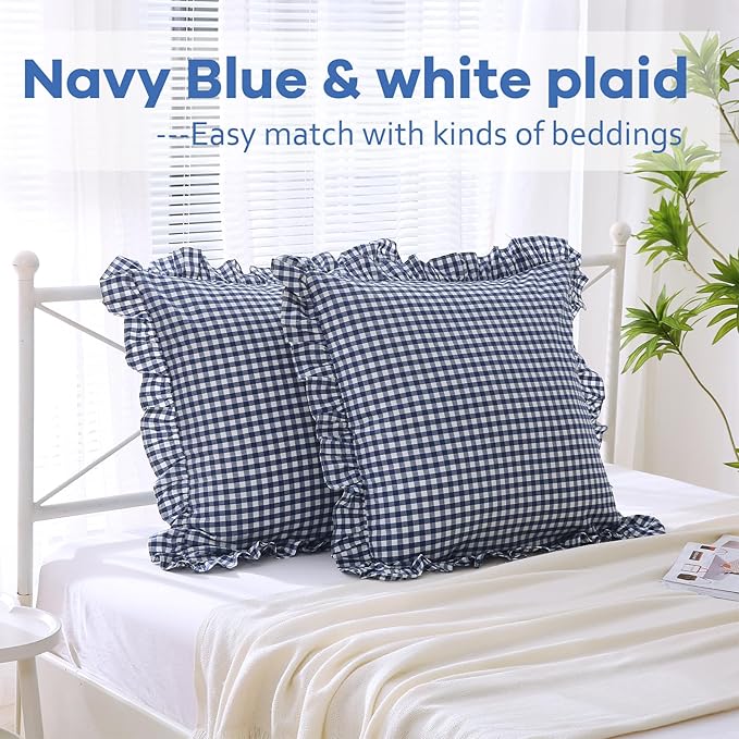 2 Pack Navy Blue White Plaid Ruffle Euro Gingham Throw Pillow Covers, 100% - Image 2
