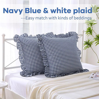 2 Pack Navy Blue White Plaid Ruffle Euro Gingham Throw Pillow Covers, 100% - Image 2