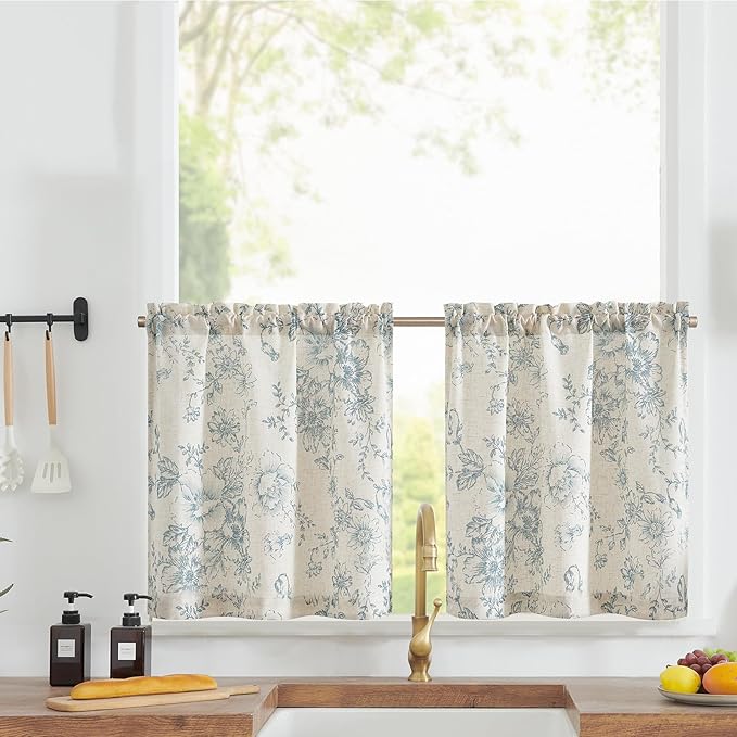 jinchan Floral Linen Tier Curtains Blue Flower on Beige Cafe Curtains 24 Inch by JINCHAN