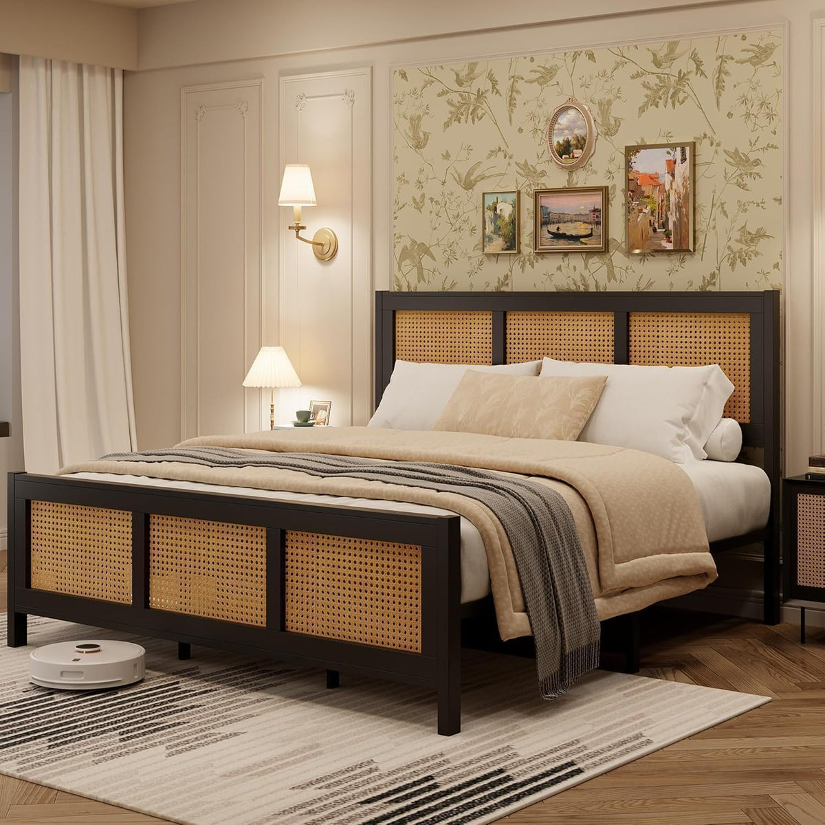 garveehome rattan full size bed frame with headboard, close-up detail