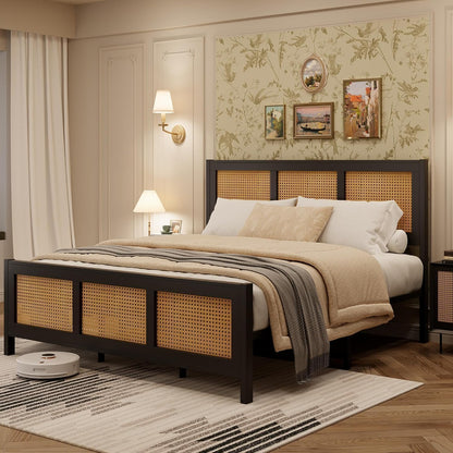 garveehome rattan full size bed frame with headboard, close-up detail
