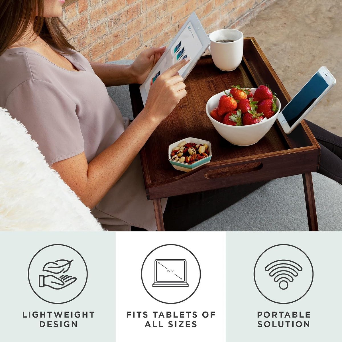 rossie home large wood bed tray – java shown in use