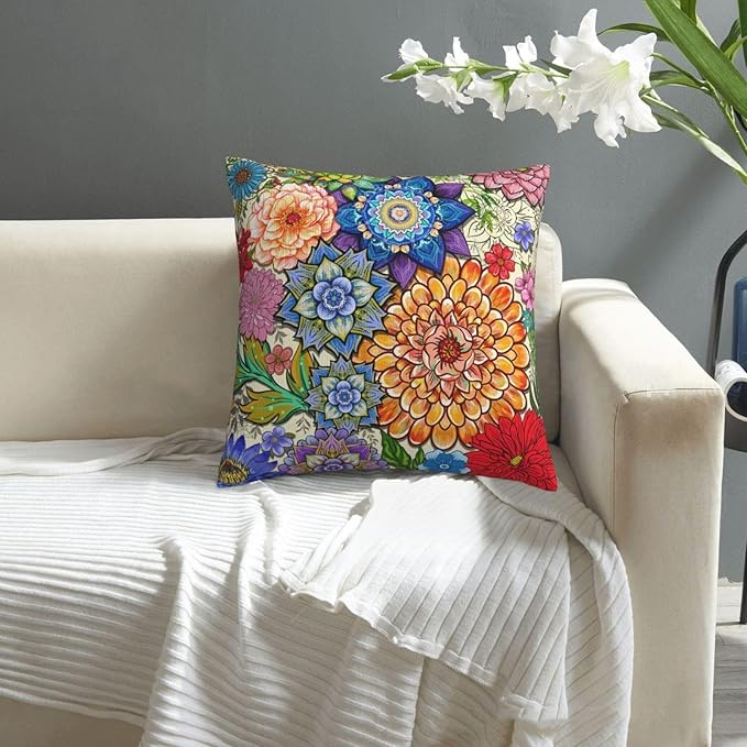Boho Floral Throw Pillow Covers 18x18 Inch, Colorful Boho Flowers Throw Pillow - Image 2