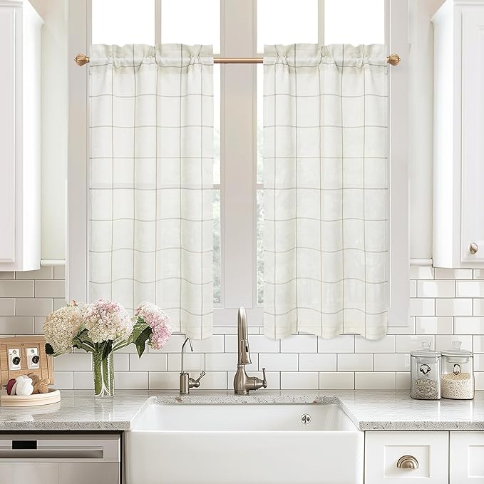 DriftAway Kitchen Curtains Striped Tier Linen Short Curtains Windowpane Plaid by DriftAway