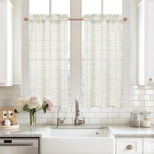 DriftAway Kitchen Curtains Striped Tier Linen Short Curtains Windowpane Plaid by DriftAway