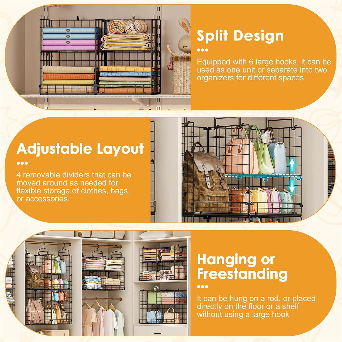 hanging closet organizer with diy spacing, double-row closet, close-up detail
