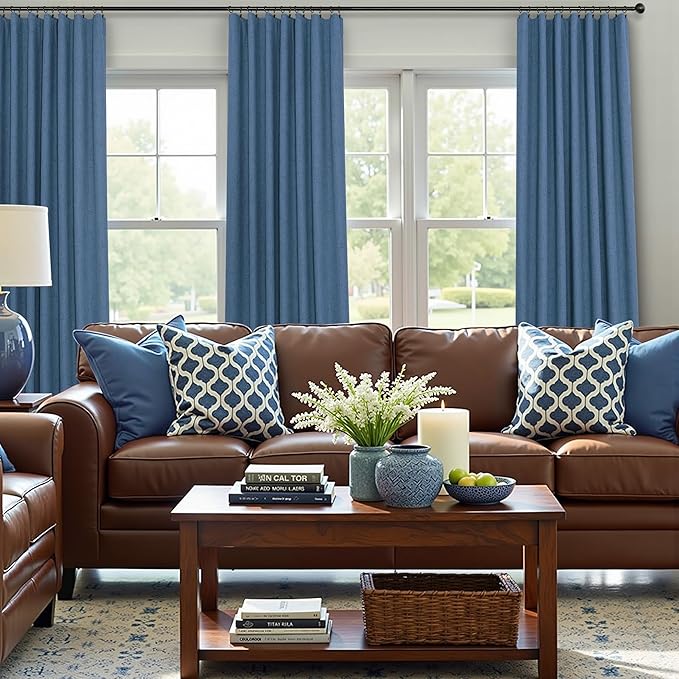 Denim Blue Back Tab Blackout Curtains 108 Inches Long 2 Panel Set Cotton Linen - Image 2
