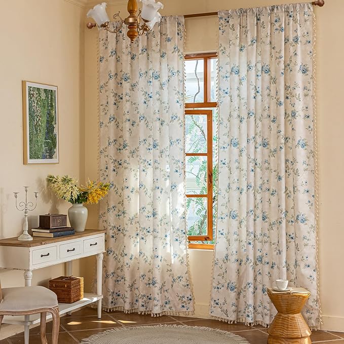 ENJOYBRIDAL Blue Floral Curtains 96 Inches Bedroom Cute Drapes Rod Pocket Boho by ENJOYBRIDAL