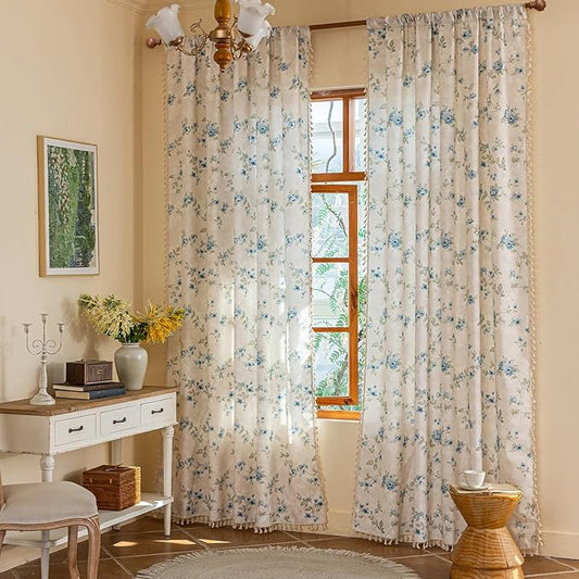 ENJOYBRIDAL Blue Floral Curtains 96 Inches Bedroom Cute Drapes Rod Pocket Boho by ENJOYBRIDAL