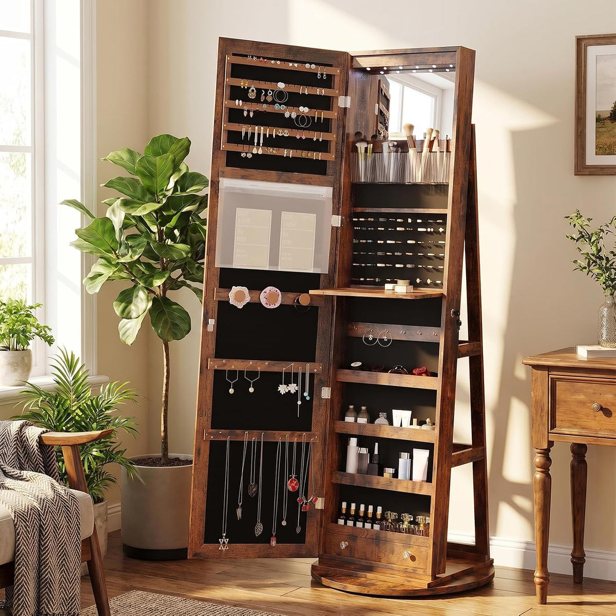 olixis 360° swivel jewelry cabinet with light, lockable, view 10
