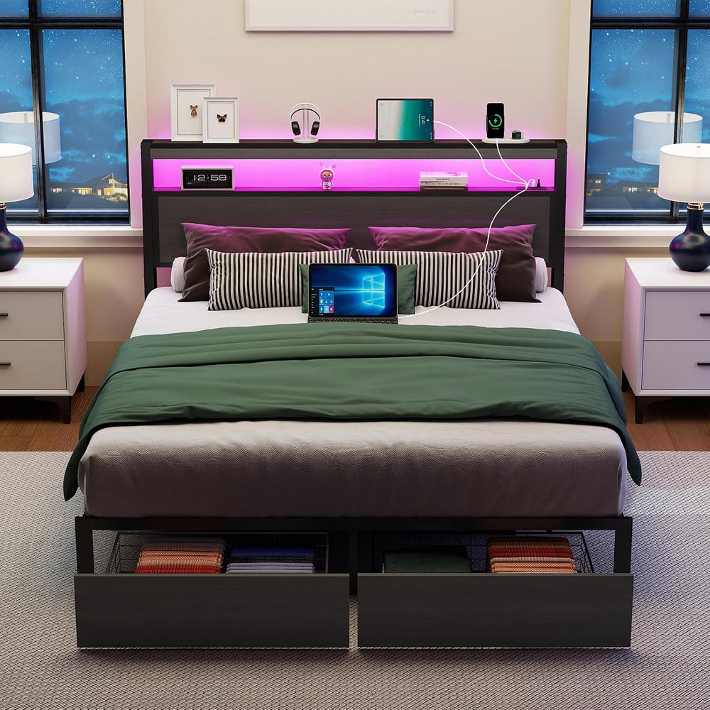 Queen Bed Frame with 2 Storage Drawers, Queen Size Bed Frame, Rustic Grey