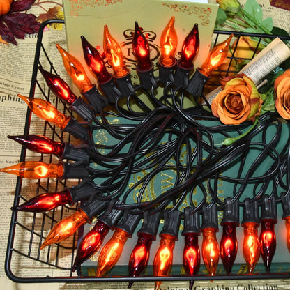 27.8Ft Orange and Purple Halloween Lights Flame String Lights, Spooky Flicker Flame Lights String with 25 + 4 Orange Purple C18 Bulbs, for Halloween Home Fireplace Yard Party Indoor Outdoor Decor