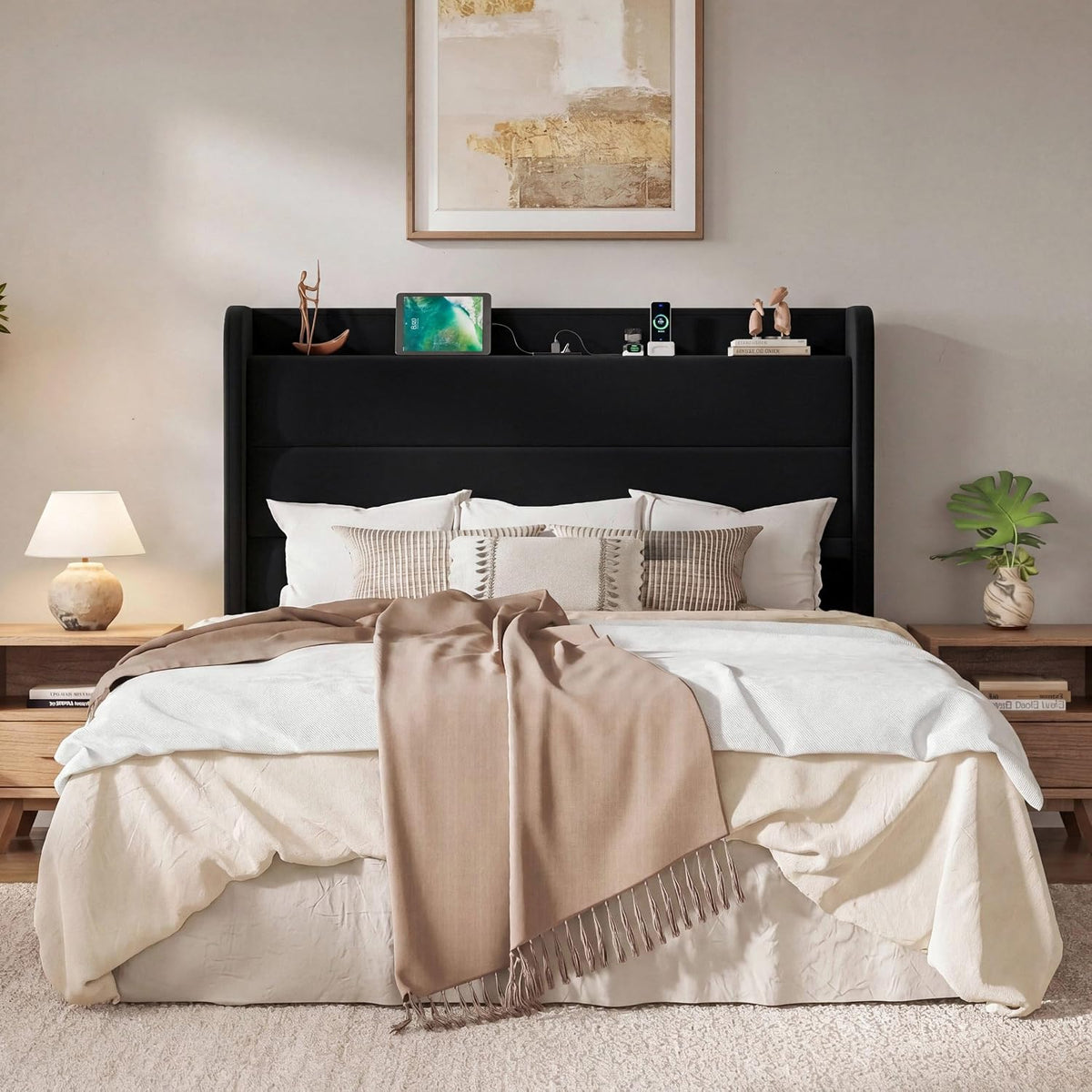 sha cerlin storage queen bed frame with charging, side view