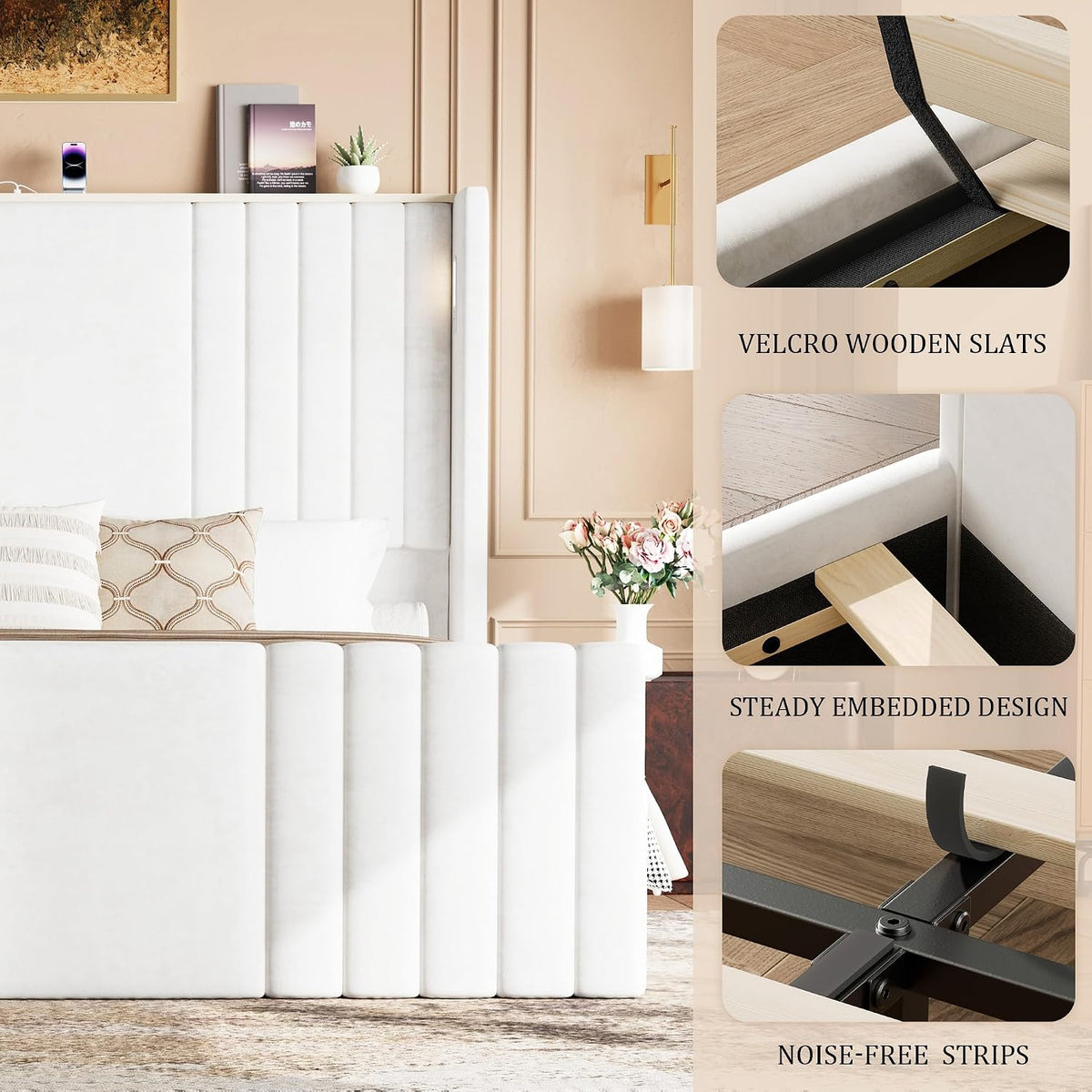 55" tall queen size platform bed frame with, front angle view