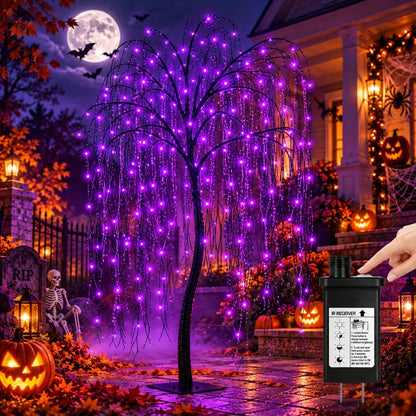 LIGHTSHARE 7 Feet Halloween Willow Tree with Spiders, 256 LED Lights for Home, Festival,Nativity, Party, and Christmas Decoration,Indoor Outdoor Use, Purple