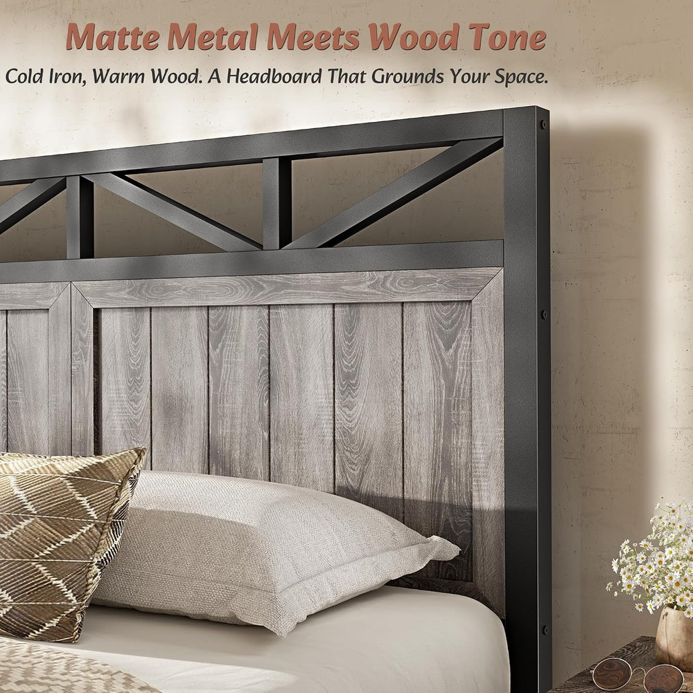 EnHomee Queen Farmhouse Bed Frame, 2 Storage Drawers, LED & USB, Light Grey