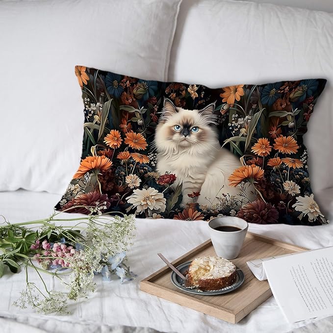 Moody Floral Ragdoll Cat Pillow Covers 12x20, Ragdoll Cat Gifts, Dark - Image 4