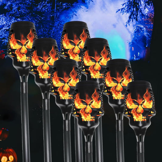 Halloween Solar Skull Stake Lights, Pathway Decor, 8 Pc, Orange