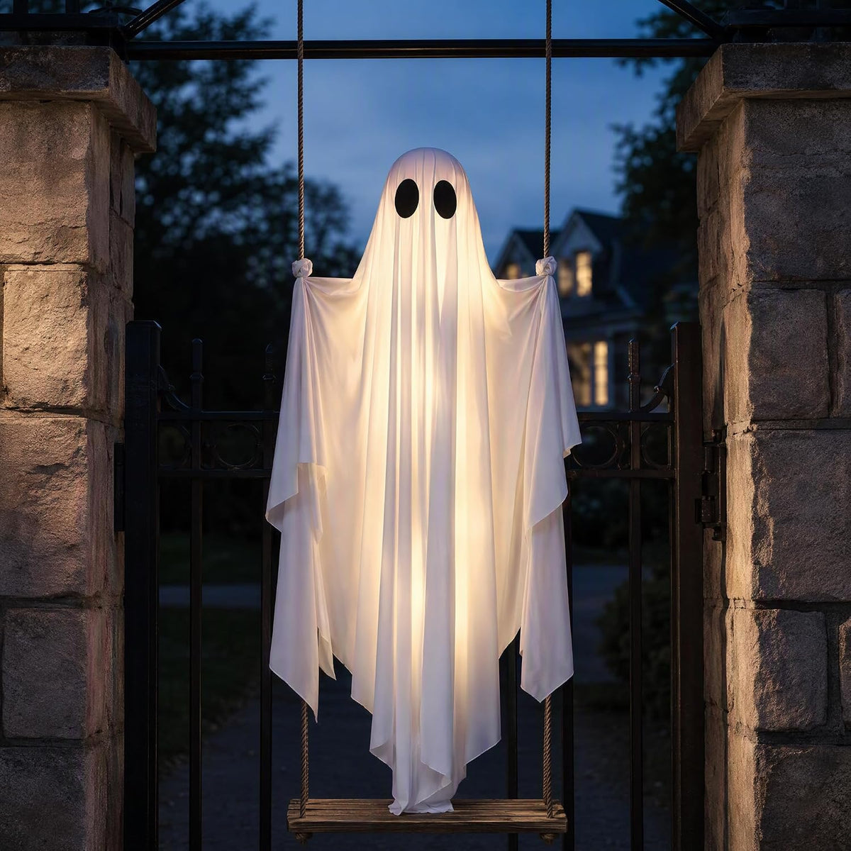 Halloween Decorations Outdoor - 5FT Large Hanging Swing Ghost Halloween Decor with String Lights, Spooky Cute Ghost Decorations for Front Porch Yard Tree