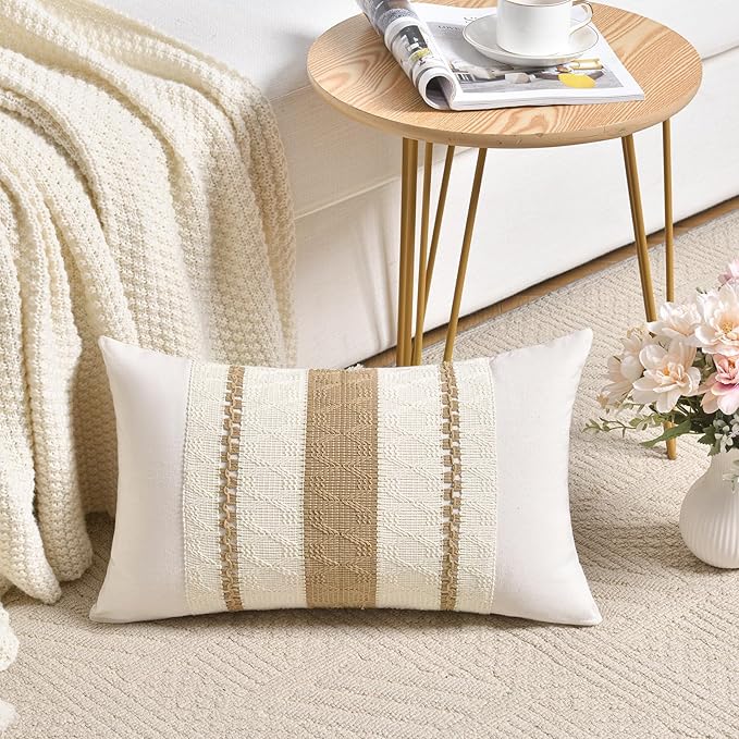 Fancy Homi Set of 2 Neutral Tan Lumbar Decorative Throw Pillow Cover 12x20 Inch - Image 2