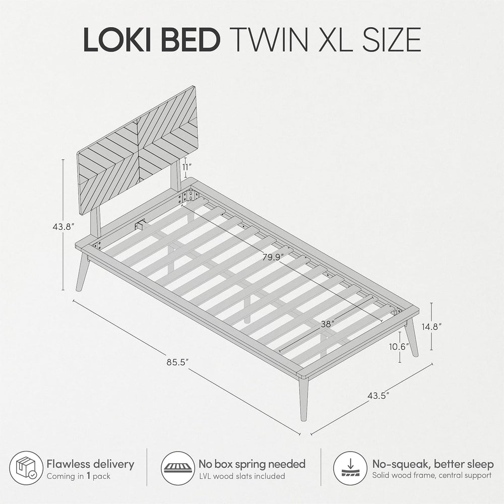 Loki Solid Wood Bed Twin XL, Chevron Headboard, Light Oak