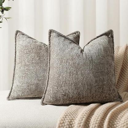 Pack of 2 Grey Decorative Throw Pillow Covers 18x18 Cozy Soft Chenille Accent by DEZENE