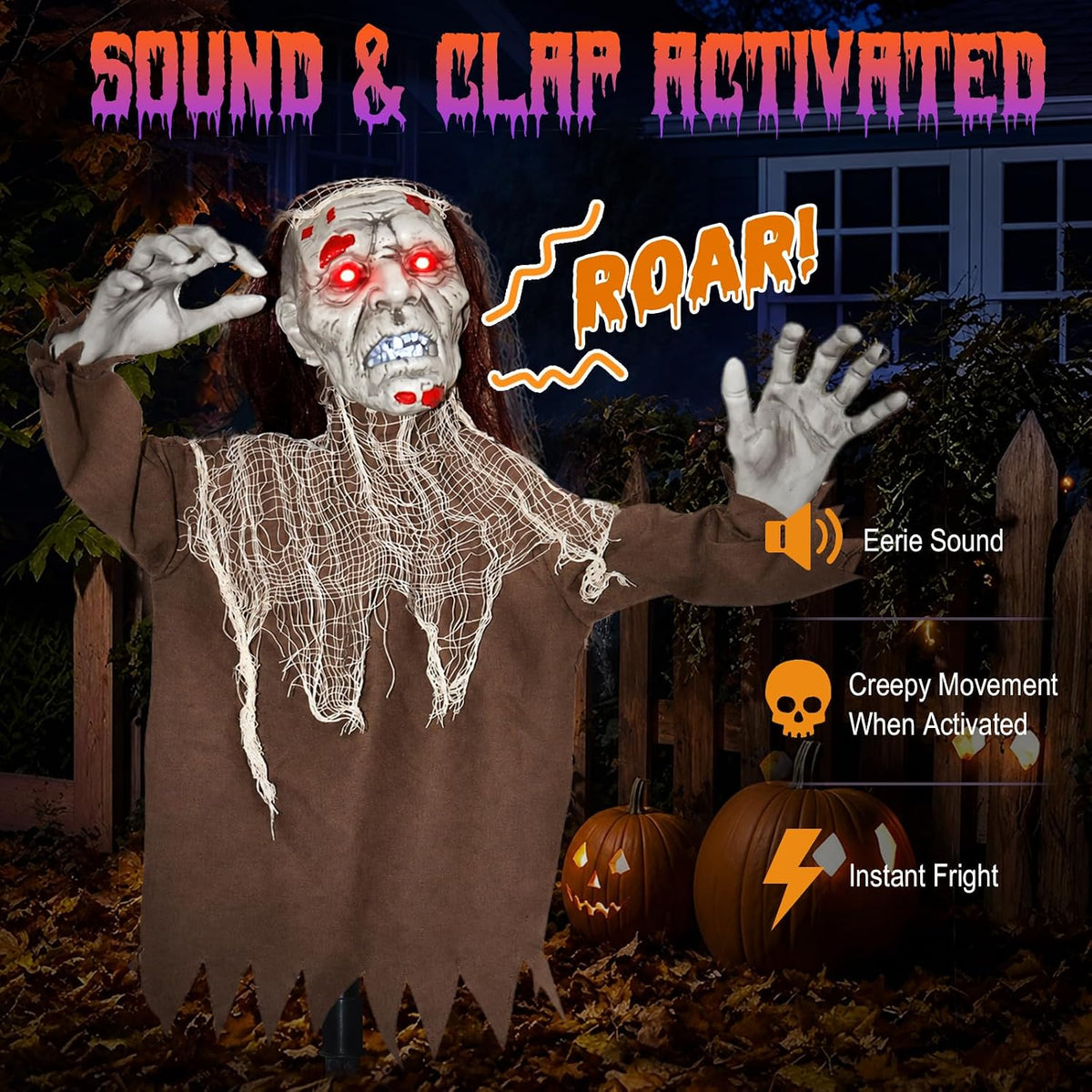Halloween Creepy Animatronic Zombie Groundbreaker Outdoor Decor with Light up Eyes & Spooky Sound Adjustable Arms, Halloween Props for Graveyard Lawn Patio Yard Outside Decorations