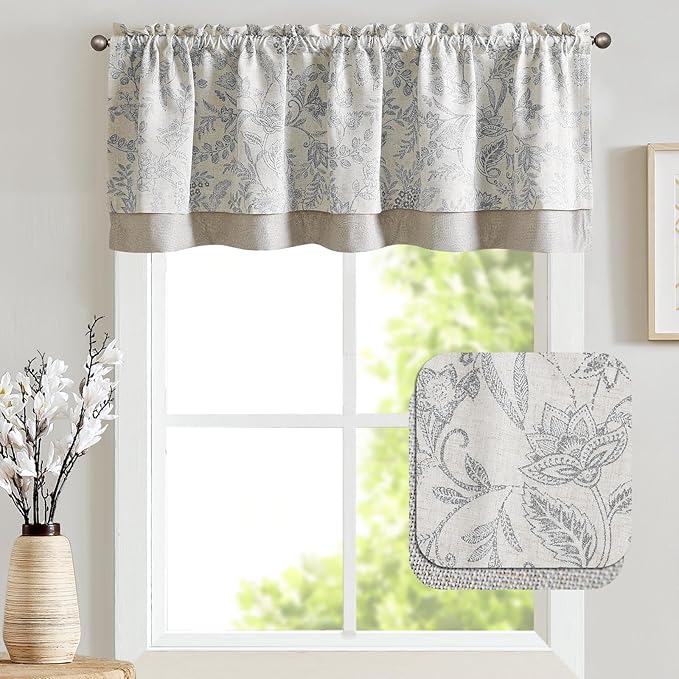 jinchan Linen Valance Curtain Farmhouse Grey Floral Printed Small Window Curtain - Image 2
