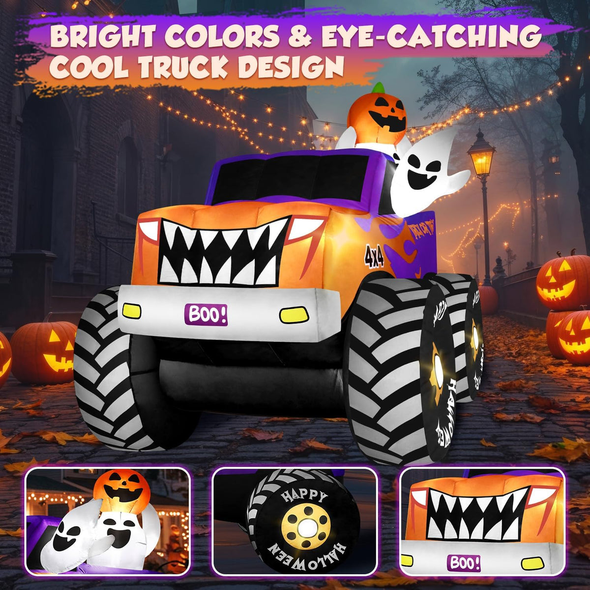 zukakii 8FT Long Halloween Inflatables Decoration Outdoor Monster Truck Car with Ghosts & Pumpkin, Giant Halloween Blow Up Yard Decorations Huge Blowups Built-in LED Light Strong Blower for Festival
