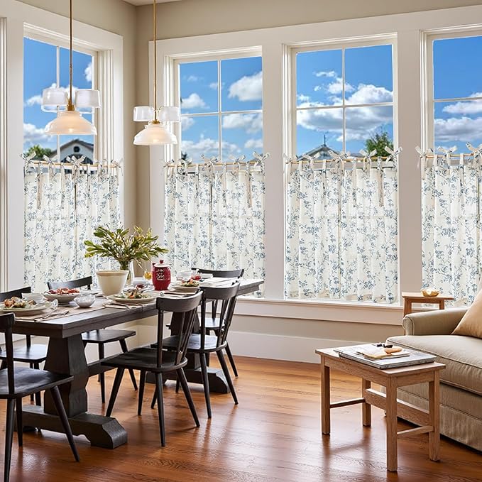 jinchan Floral Kitchen Curtains 36 Inch Linen Tier Curtains Farmhouse Cafe Half - Image 3