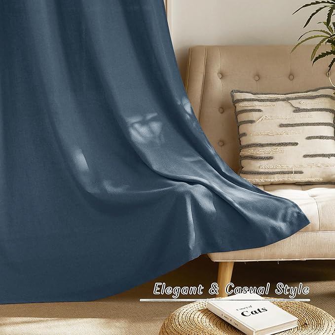 NICETOWN Semi Sheer Flax Linen Navy Blue Curtains 96 inches Long, Grommet Thick - Image 4
