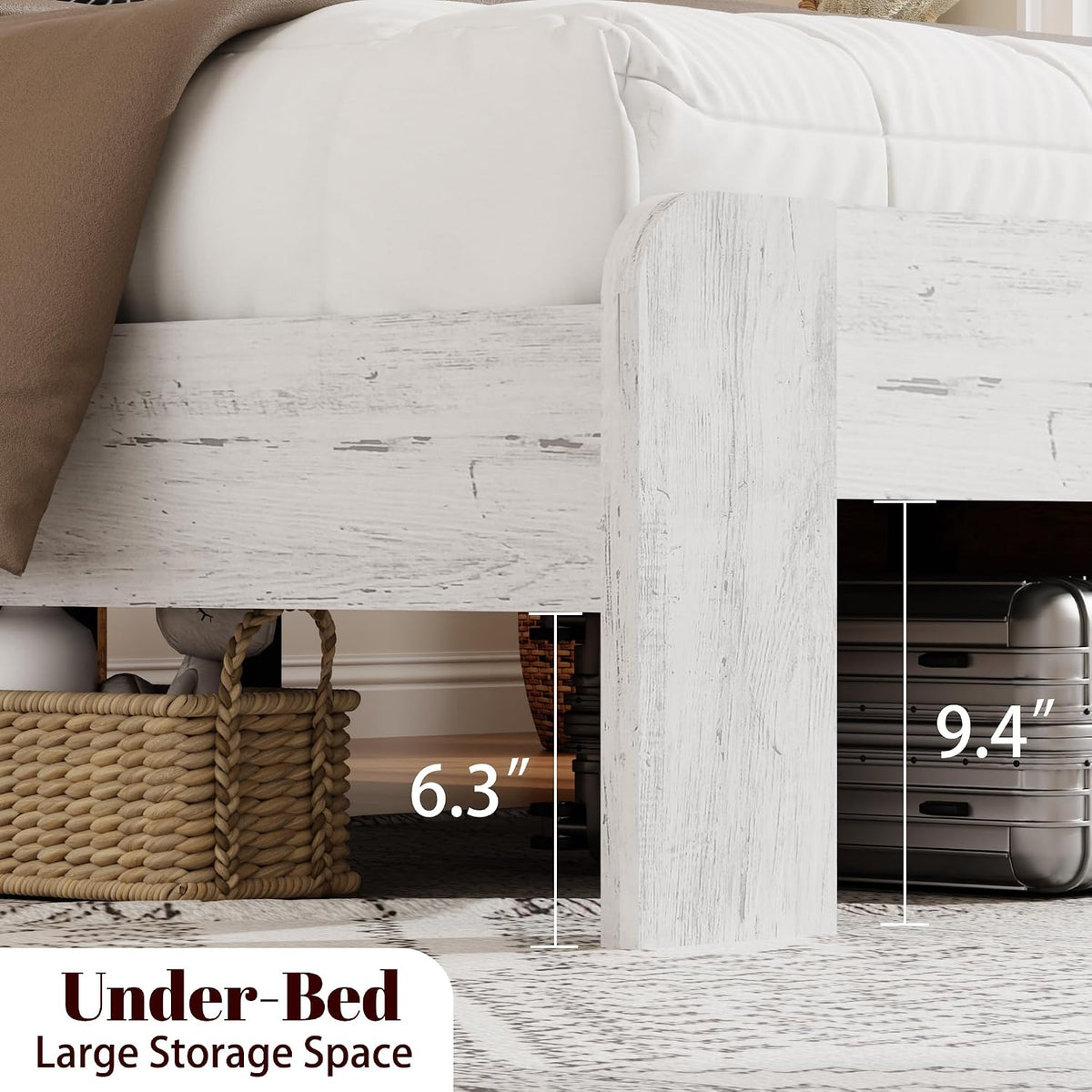 queen farmhouse bed frame with headboard, led lights, side view