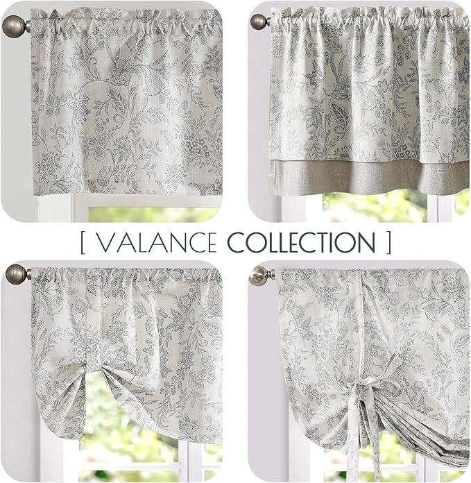 jinchan Linen Valance Curtain Farmhouse Grey Floral Printed Small Window Curtain - Image 8