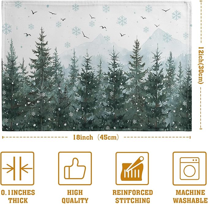 Winter Pine Tree Snowflake Placemats Set of 4 Christmas Snow Green Forest Place - Image 4