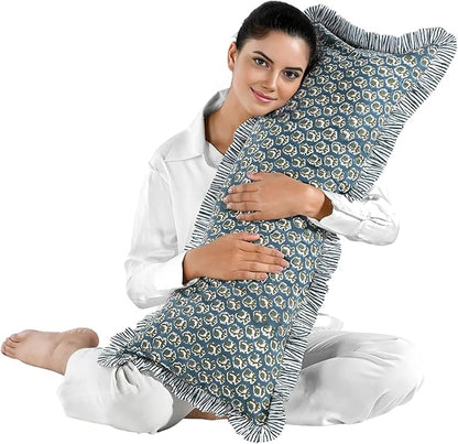 Ridhi Peacock Blue 100% Cotton Block Print Ruffle Lumbar Sham Cover Handmade - Image 4