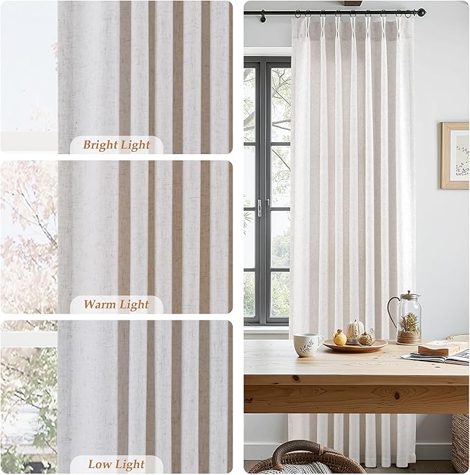 Beige White Pinch Pleated Linen Curtains 63 Inch Length 2 Panels - Image 3