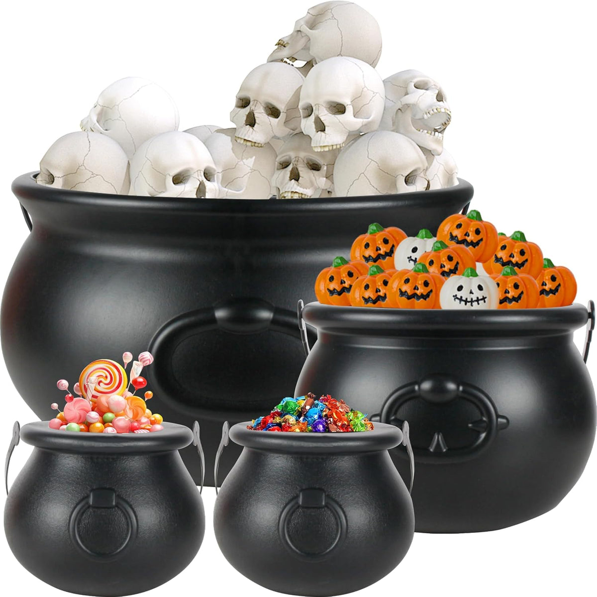 Halloween Large Cauldron Kettles, 4 in 1 [12.6"+7.7" +5.7"+ 5.7 "] Witch Cauldrons, Plastic Black Witch Pot, Treats & Punch Bowl, Candy Holder, Halloween Party Favor for Indoor Outdoor Decoration