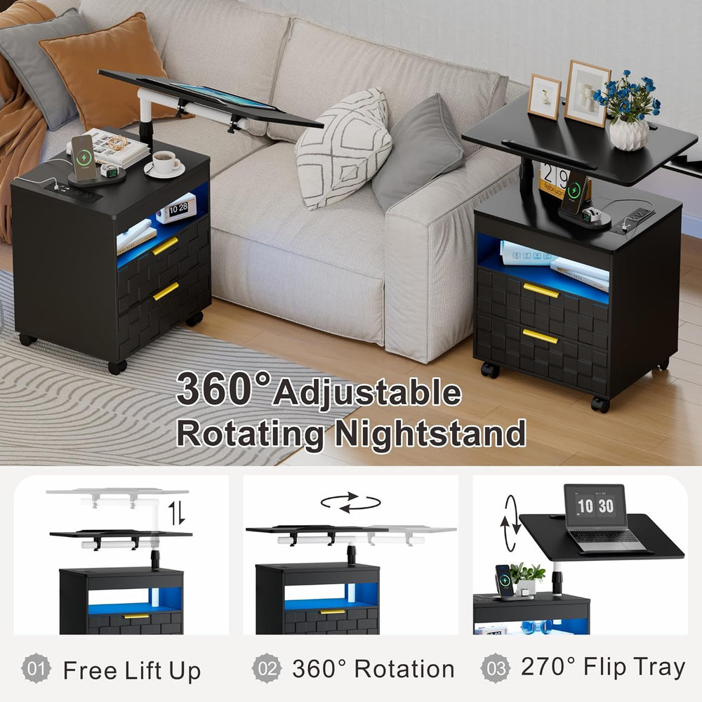 Lareth Rolling Nightstand with Wheels, LED Lights, Charging Station