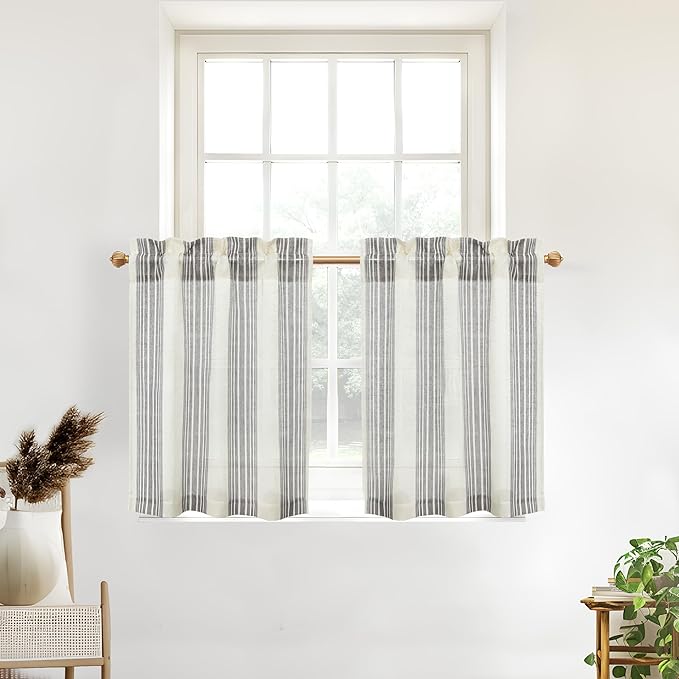 DriftAway Kitchen Curtains Striped Tier Linen Short Curtains Pinstripe Cafe by DriftAway